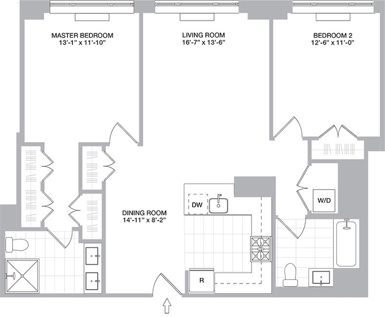 The One New Jersey 2 Bedroom Rentals Feature an Abundance of Closet Space 2 Bedroom Floor Plan at The One New Jersey Rentals