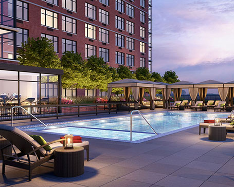 Night View of the pool at The One apartments in New Jersey